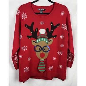 Ugly Christmas Sweater Reindeer Sequin Glasses Bells Holiday Womens 0X (12W-14W)